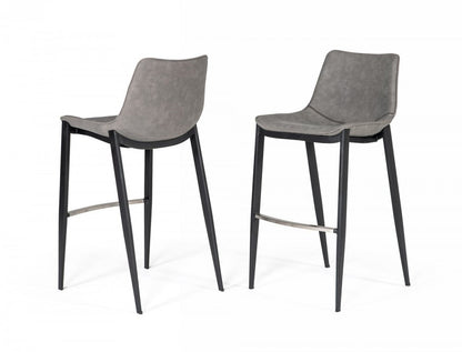 Set of Two 30" Gray And Black Faux Leather And Faux Leather And Steel Bar Height Bar Chairs