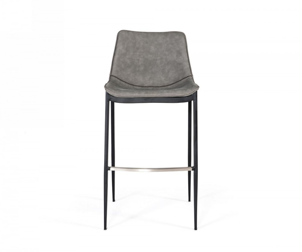 Set of Two 30" Gray And Black Faux Leather And Faux Leather And Steel Bar Height Bar Chairs