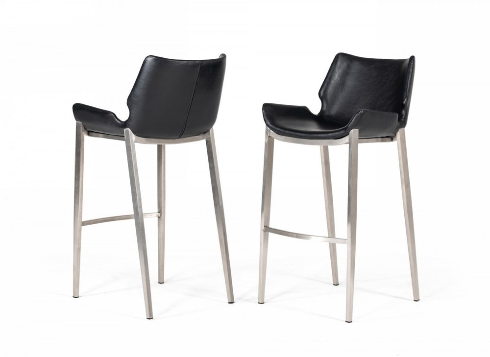 Set of Two 30" Black And Silver Faux Leather And Faux Leather And Steel Low Back Bar Height Bar Chairs