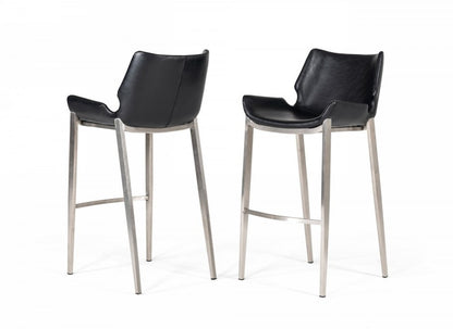 Set of Two 30" Black And Silver Faux Leather And Faux Leather And Steel Low Back Bar Height Bar Chairs