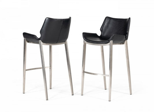 Set of Two 30" Black And Silver Faux Leather And Faux Leather And Steel Low Back Bar Height Bar Chairs