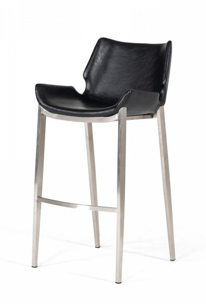 Set of Two 30" Black And Silver Faux Leather And Faux Leather And Steel Low Back Bar Height Bar Chairs