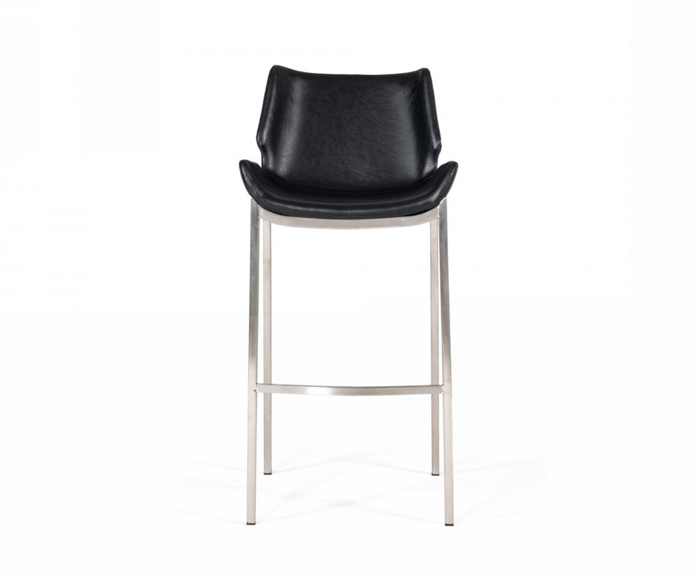 Set of Two 30" Black And Silver Faux Leather And Faux Leather And Steel Low Back Bar Height Bar Chairs