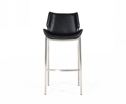 Set of Two 30" Black And Silver Faux Leather And Faux Leather And Steel Low Back Bar Height Bar Chairs