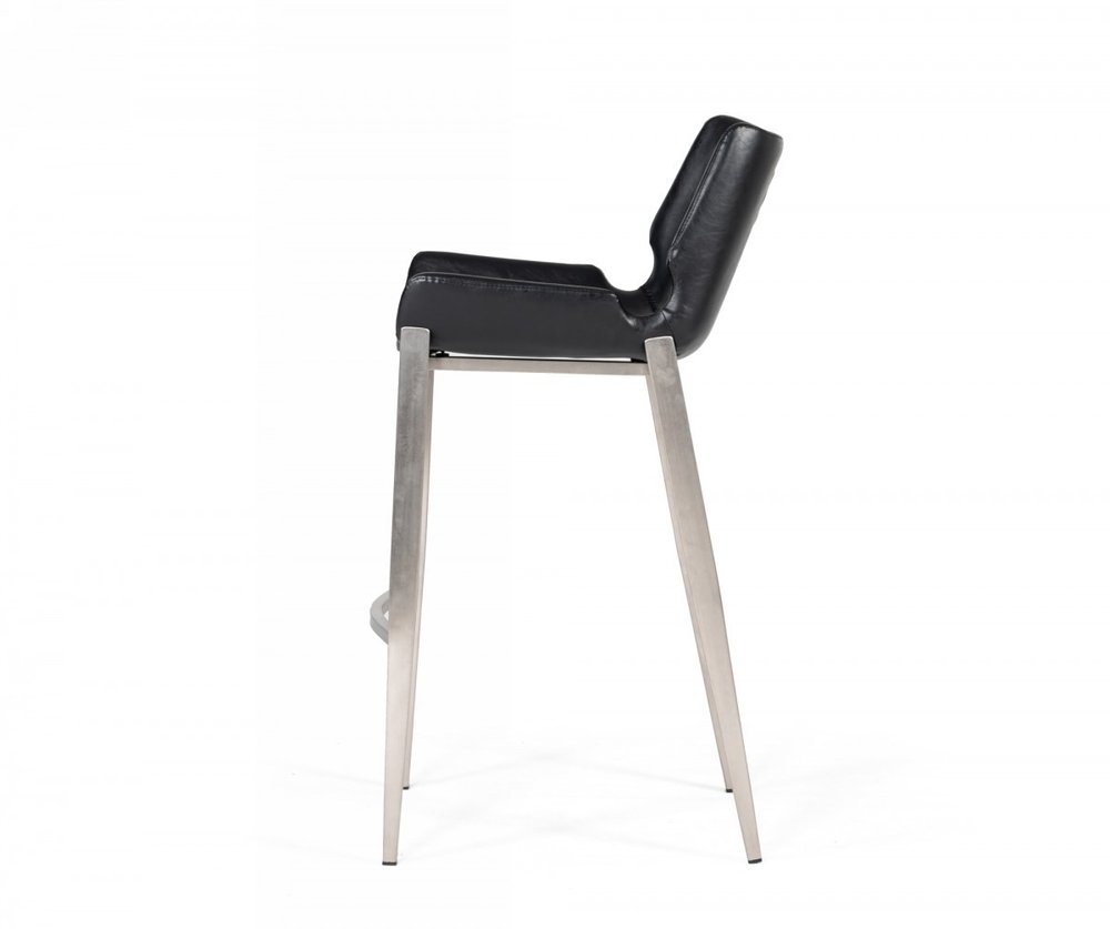 Set of Two 30" Black And Silver Faux Leather And Faux Leather And Steel Low Back Bar Height Bar Chairs