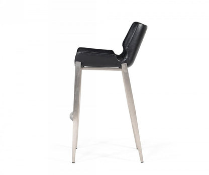 Set of Two 30" Black And Silver Faux Leather And Faux Leather And Steel Low Back Bar Height Bar Chairs