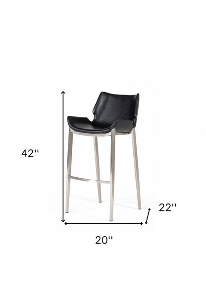 Set of Two 30" Black And Silver Faux Leather And Faux Leather And Steel Low Back Bar Height Bar Chairs