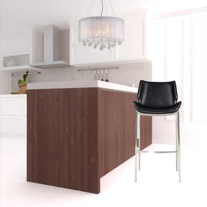 Set of Two 30" Black And Silver Faux Leather And Faux Leather And Steel Low Back Bar Height Bar Chairs