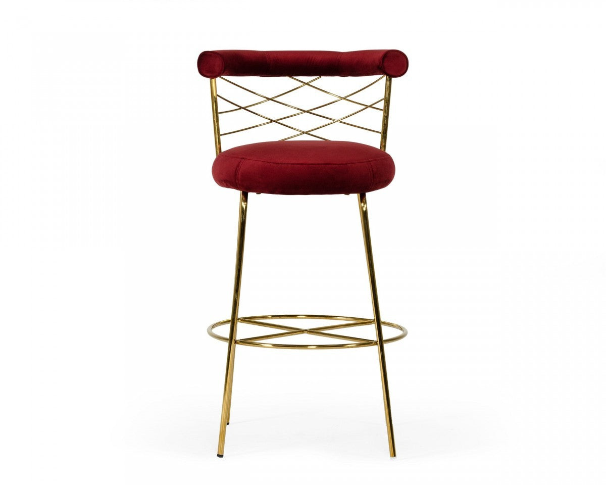 30" Red And Gold Velvet And Steel Low Back Bar Height Bar Chair