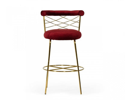 30" Red And Gold Velvet And Steel Low Back Bar Height Bar Chair