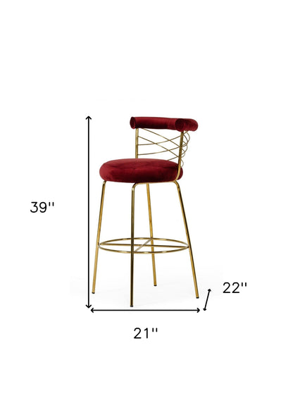 30" Red And Gold Velvet And Steel Low Back Bar Height Bar Chair