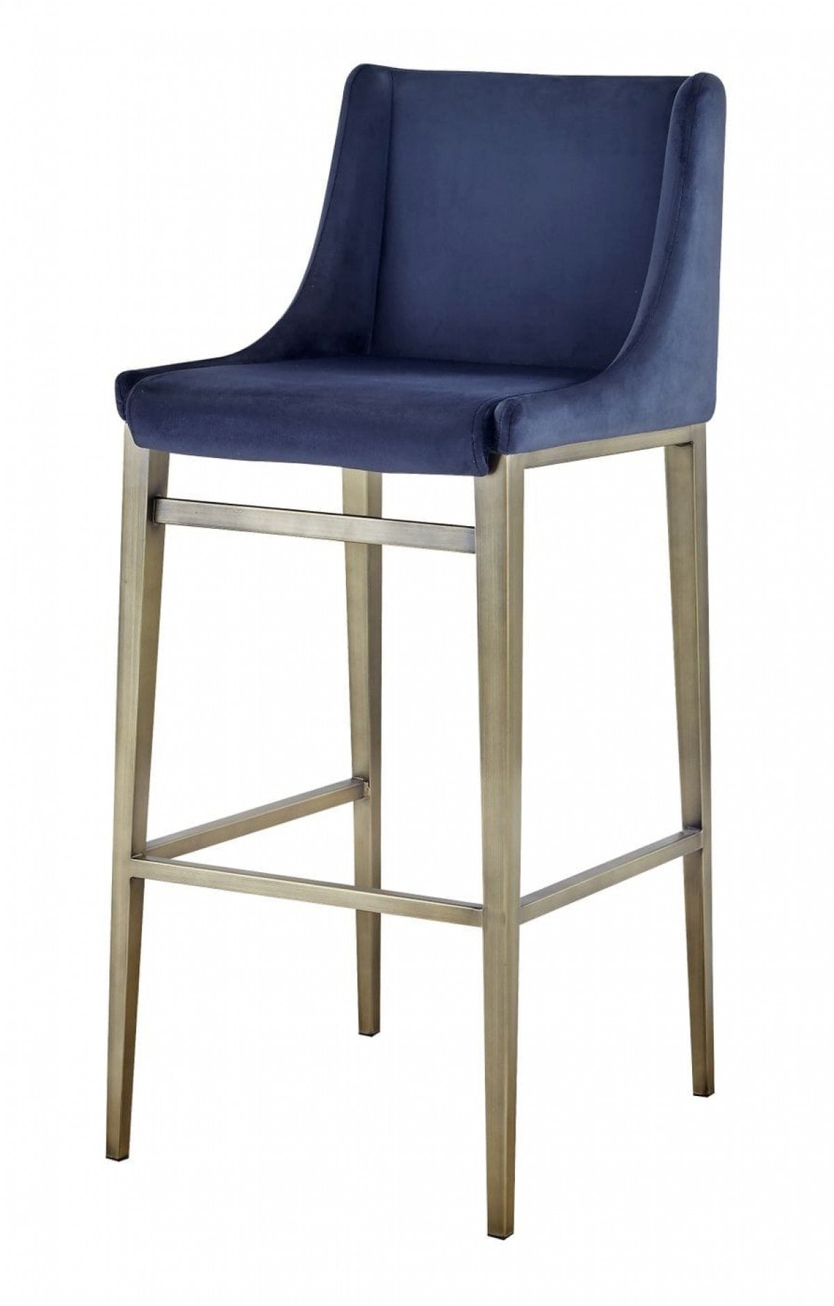 Set of Two 31" Blue And Silver Velvet And Steel Bar Height Bar Chairs