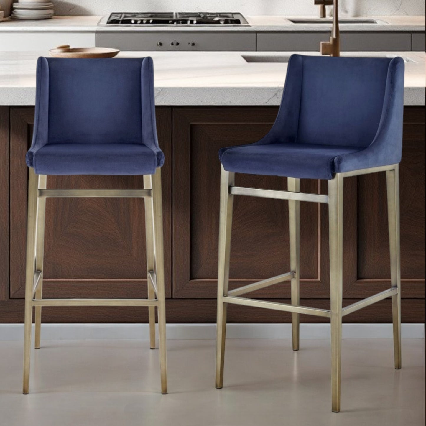 Set of Two 31" Blue And Silver Velvet And Steel Bar Height Bar Chairs