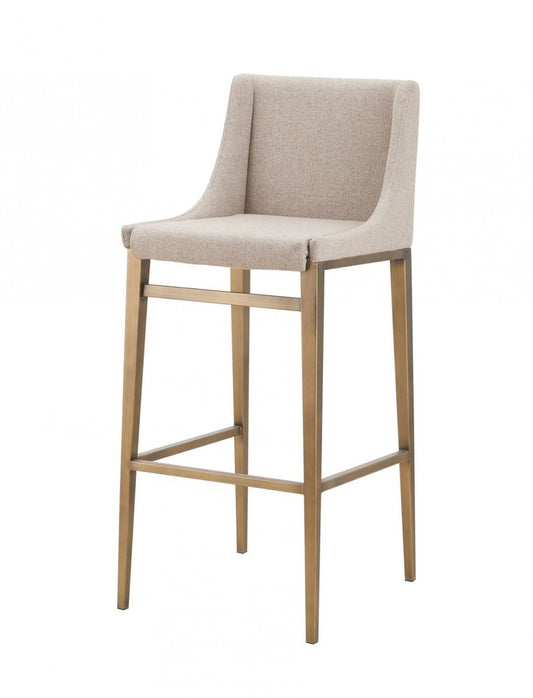 Set of Two 31" Beige And Gold Fabric And Steel Bar Height Bar Chairs