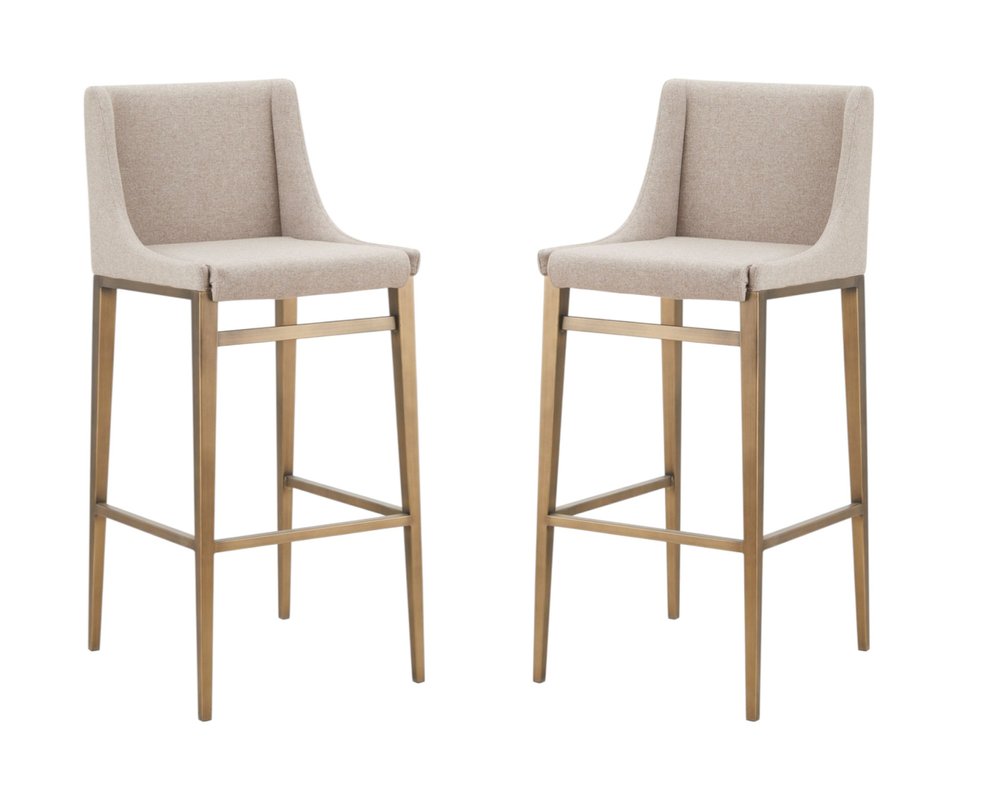 Set of Two 31" Beige And Gold Fabric And Steel Bar Height Bar Chairs