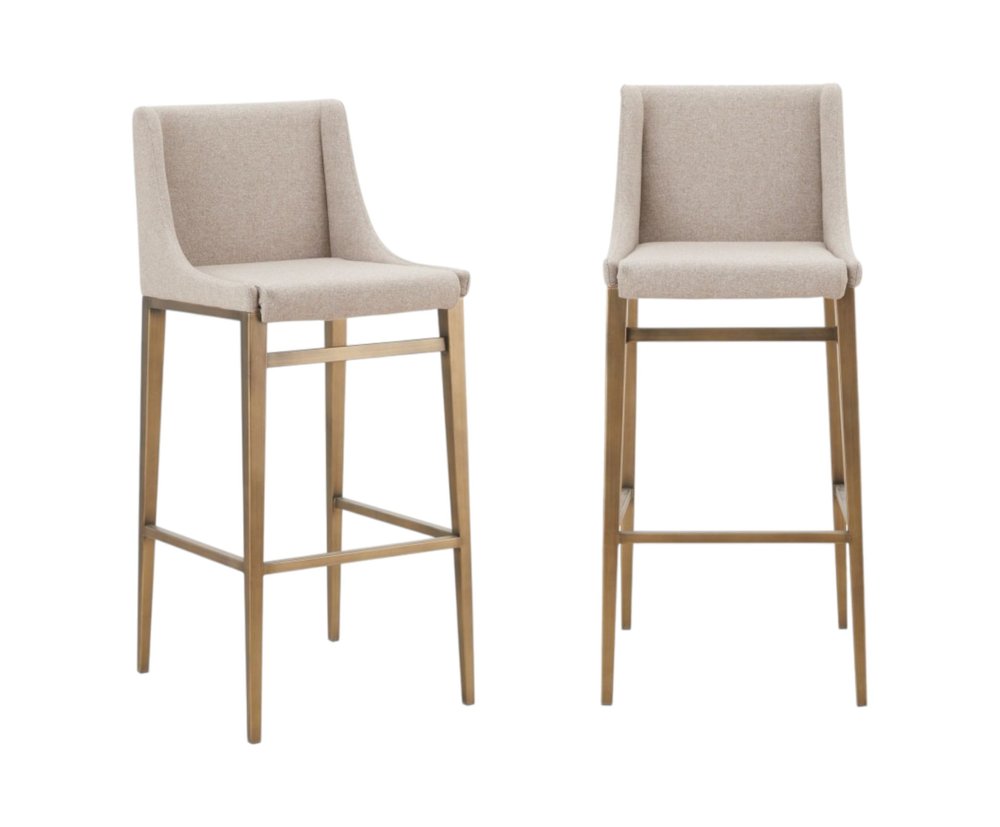 Set of Two 31" Beige And Gold Fabric And Steel Bar Height Bar Chairs