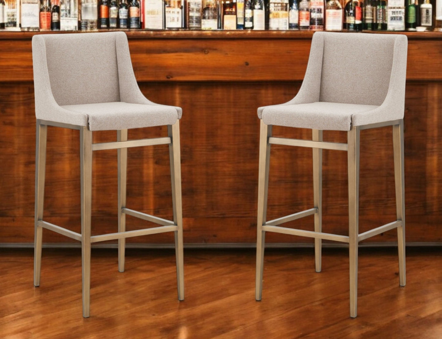 Set of Two 31" Beige and Gold Fabric and Stainless Steel Bar Height Bar Chairs