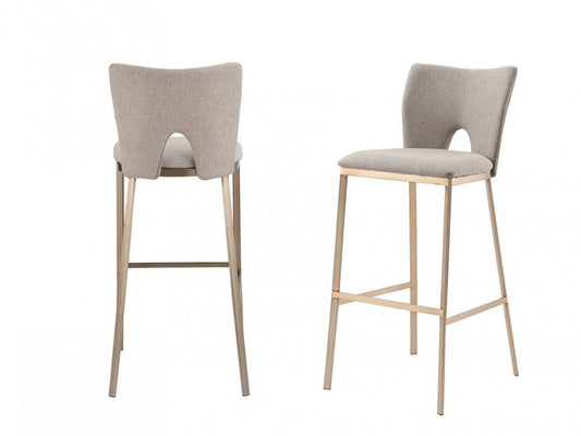 Set of Two 31" Gray And Antiqued Brass Fabric And Iron Bar Height Bar Chairs