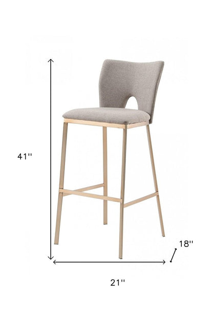 Set of Two 31" Gray And Antiqued Brass Fabric And Iron Bar Height Bar Chairs