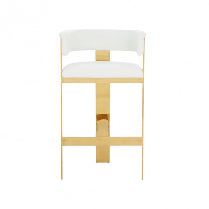 31" White And Gold Faux Leather And Faux Leather And Steel Low Back Bar Height Bar Chair