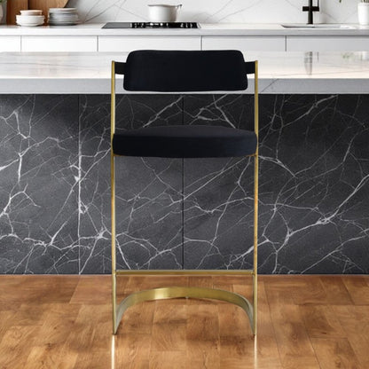 26" Black And Gold Velvet And Steel Low Back Counter Height Bar Chair
