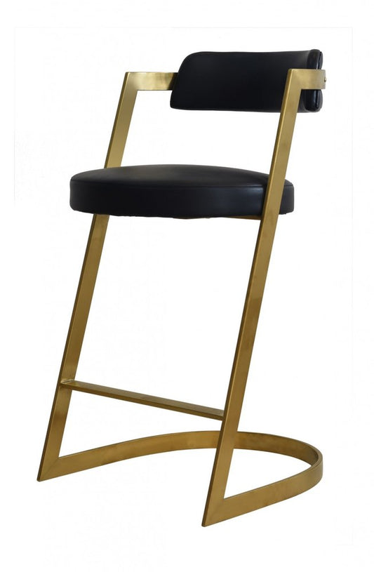 26" Black And Gold Faux Leather And Steel Low Back Counter Height Bar Chair