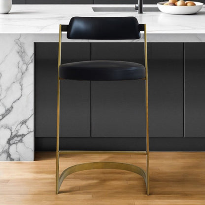26" Black And Gold Faux Leather And Steel Low Back Counter Height Bar Chair