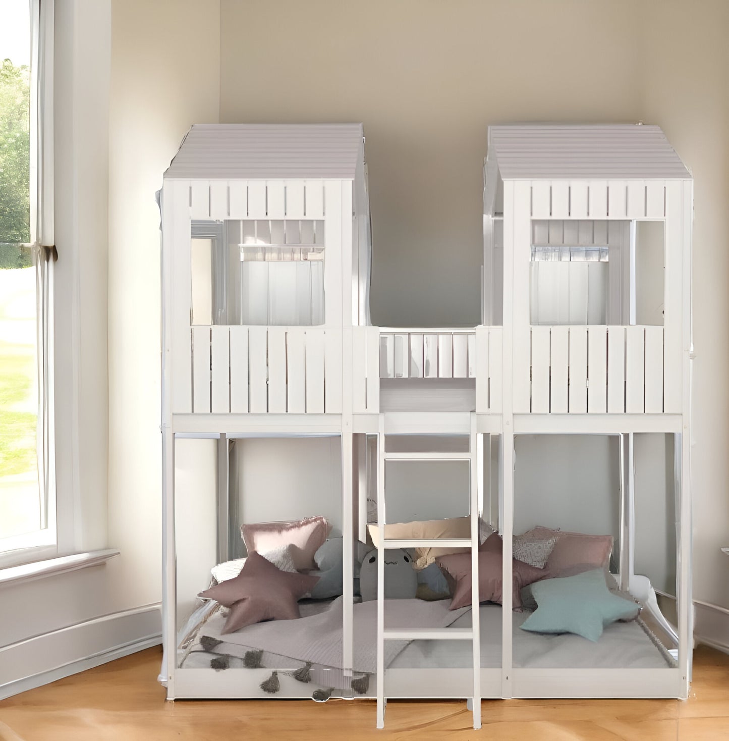 White Twin Contemporary Manufactured Wood + Solid Wood Bunk Bed