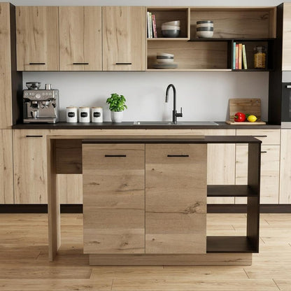 Natural and Natural And Black 59" Kitchen Island With Storage