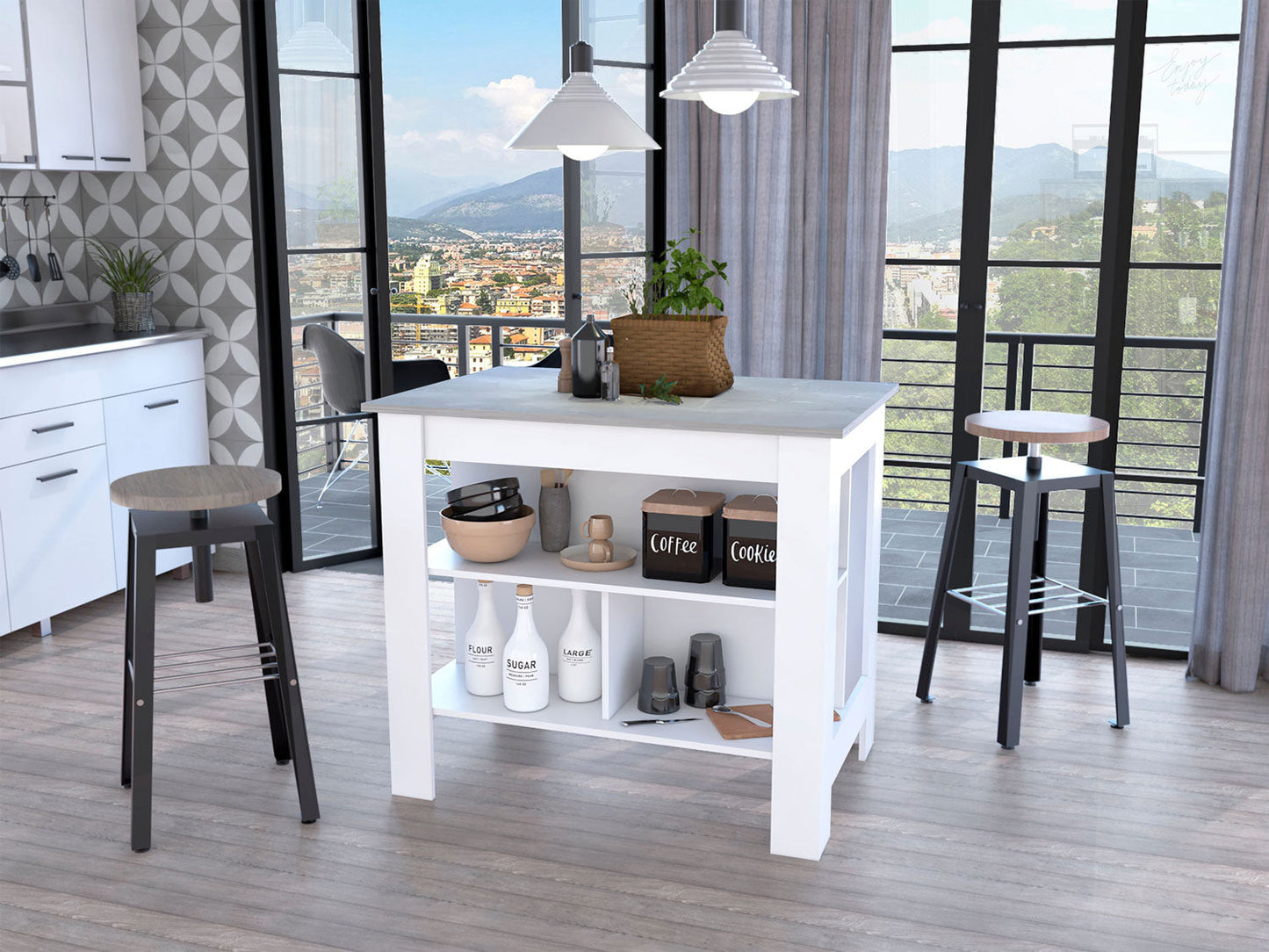 Marble and White Kitchen Island with Three Storage Shelves