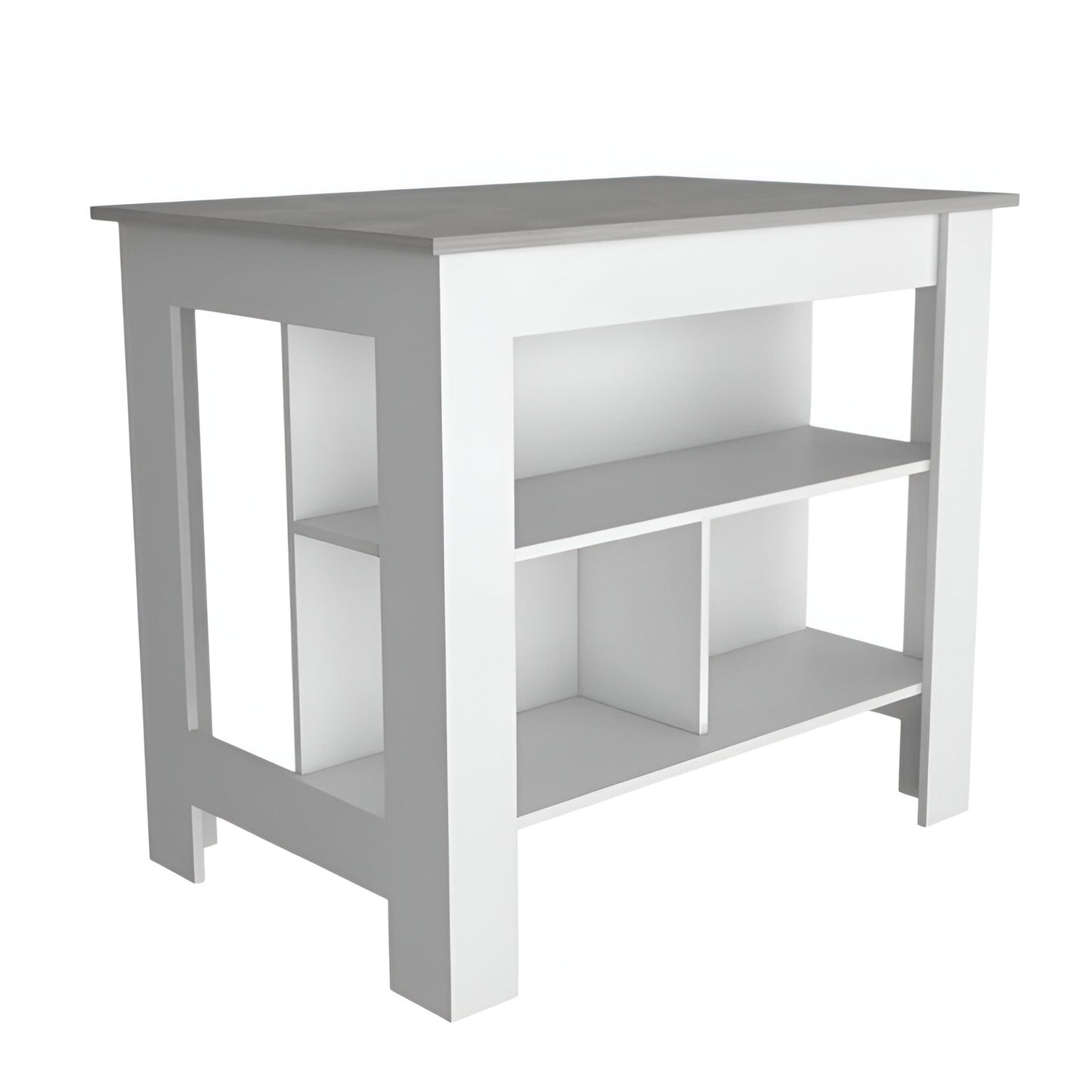 Marble and White Kitchen Island with Three Storage Shelves