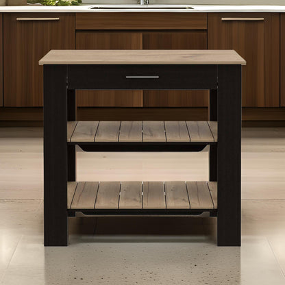 Light Oak and Black Kitchen Island with Drawer and Two Open Shelves