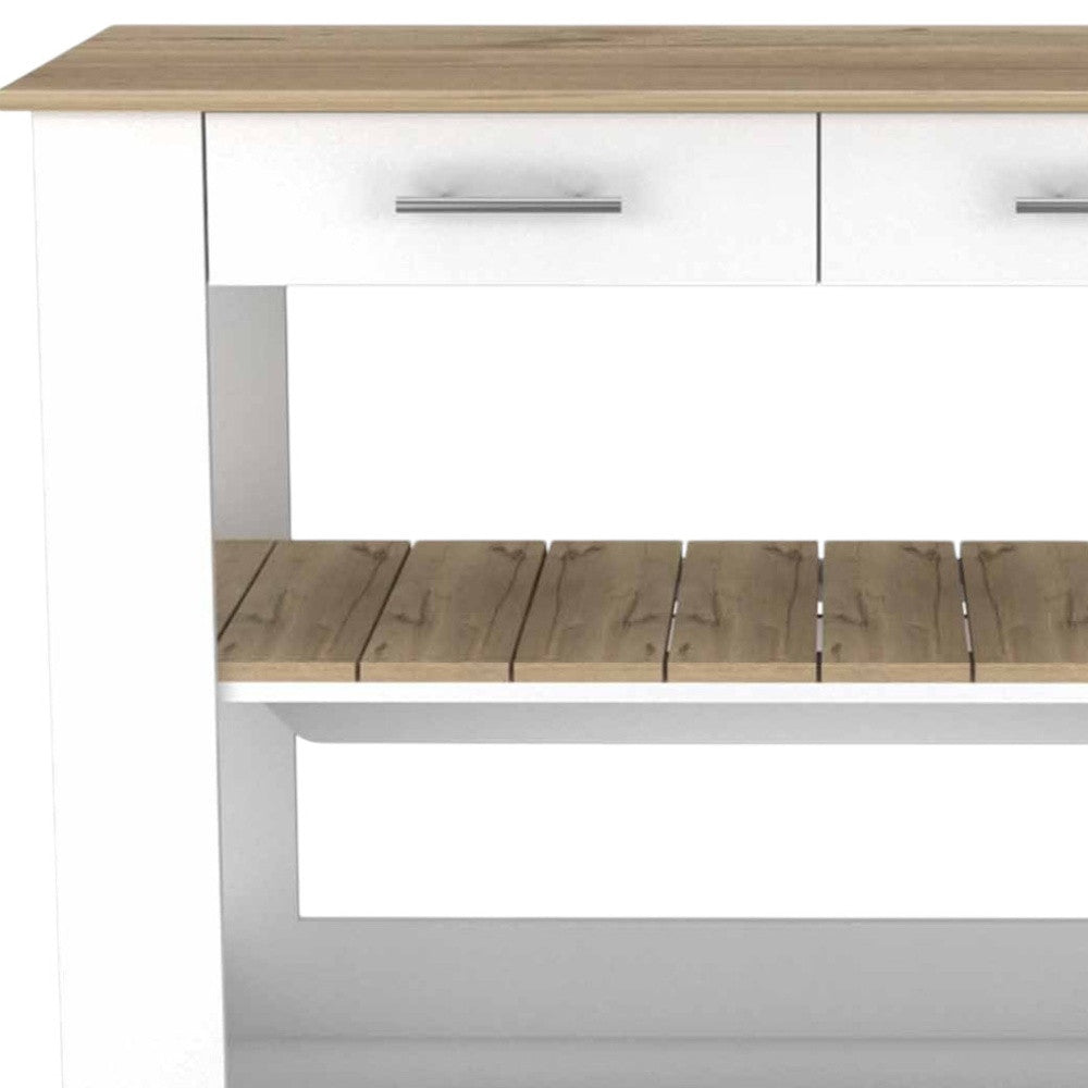 Light Oak and White Kitchen Island with Drawer Shelves and Casters