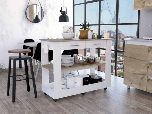 White and Brown 40" Rolling Kitchen Cart With Storage