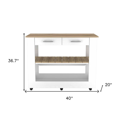 Light Oak and White Kitchen Island with Drawer Shelves and Casters