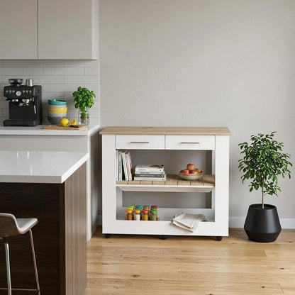 White and Brown 40" Rolling Kitchen Cart With Storage