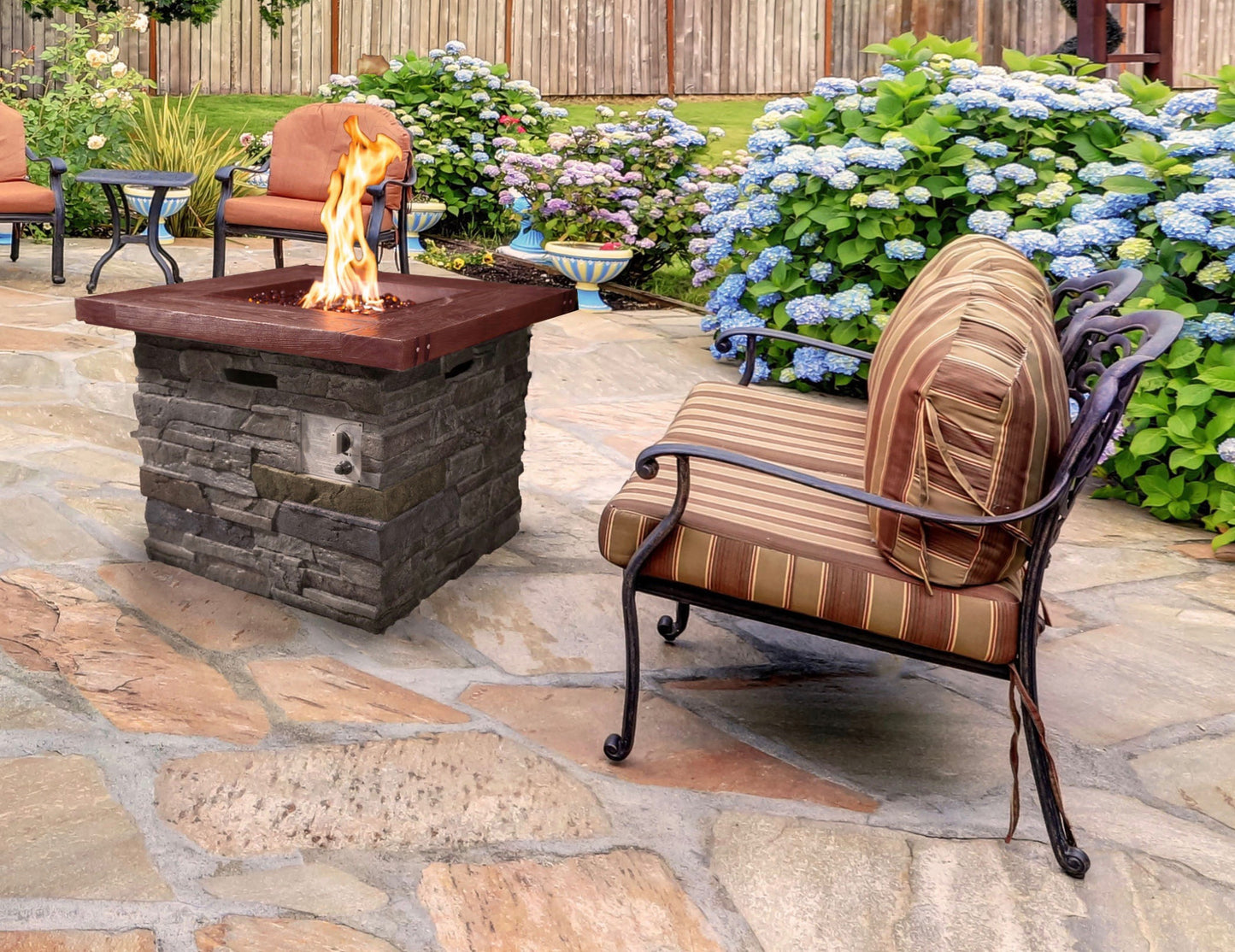 Outdoor Brown Wood and Brick Square Gas Fire Pit with Lava Rocks