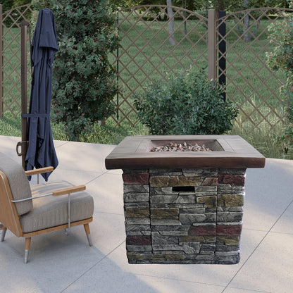 Outdoor Brown Wood and Brick Square Gas Fire Pit with Lava Rocks