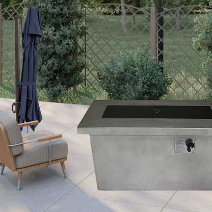 Rectangular Grey Cement Gas Fire Pit with Lava Rocks