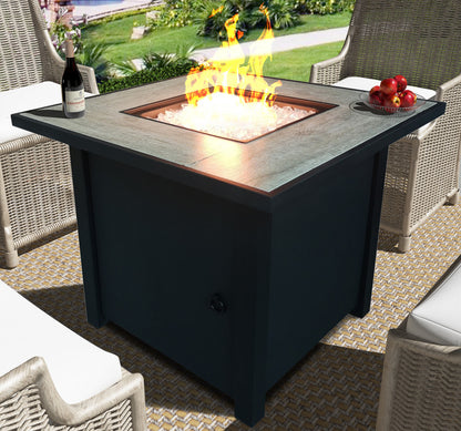 Black Metal and Tile Square Fire Pit with Glass Rocks