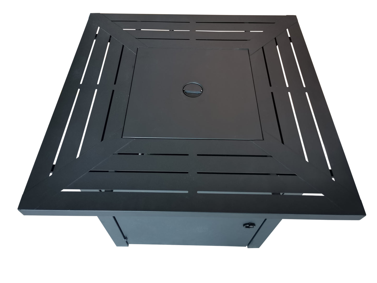 Black Top Slatted Metal Square Fire Pit with Glass Rocks