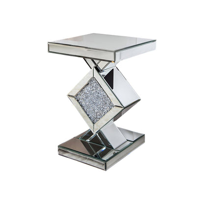 24" Silver Mirrored Glass And Faux Crystals End Table