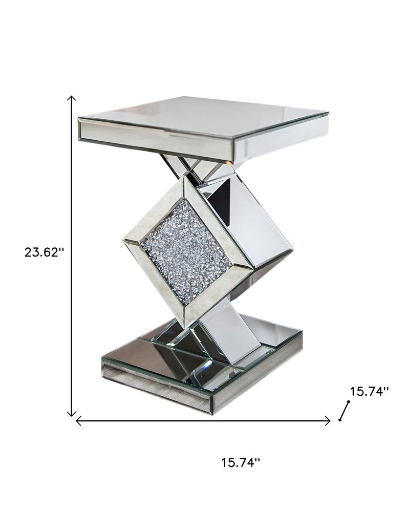 24" Silver Mirrored Glass And Faux Crystals End Table