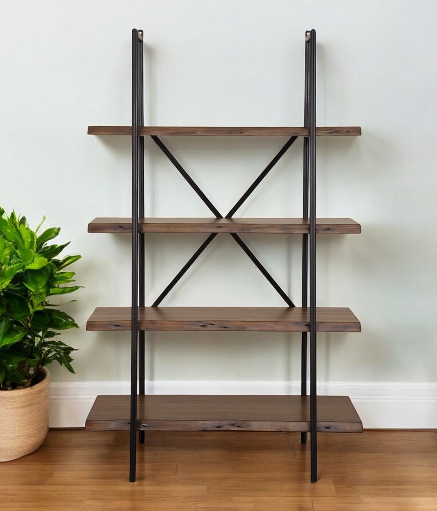 79" Black And Brown Metal and Solid Wood Four Tier Step Bookcase