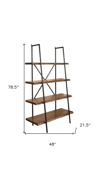 79" Black And Brown Metal and Solid Wood Four Tier Step Bookcase