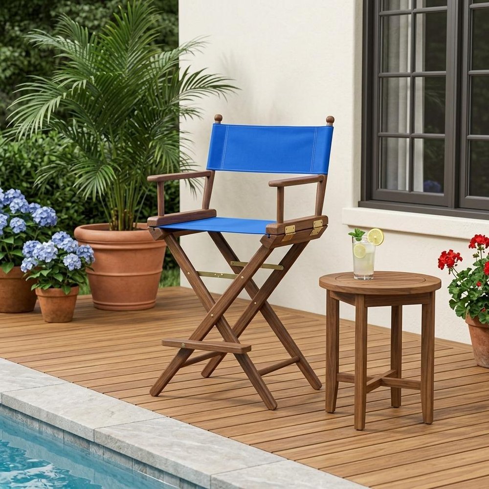 23" Blue and Brown Solid Wood Indoor Outdoor Director Chair