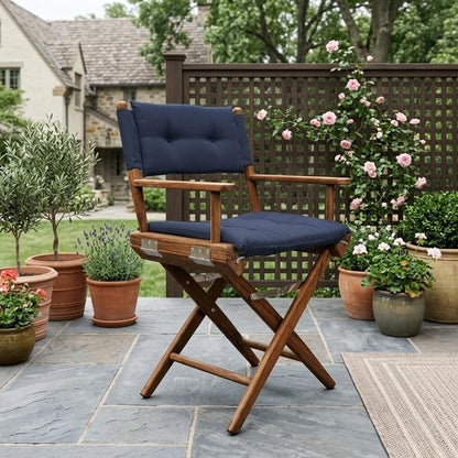 23" Navy Blue and Brown Solid Wood Indoor Outdoor Director Chair with Navy Blue Cushion