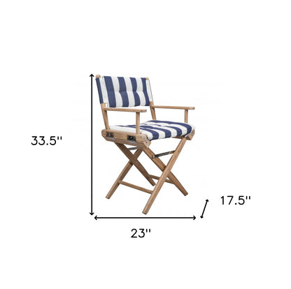 23" Blue and White and Natural Wood Solid Wood Indoor Outdoor Director Chair with Blue and White Cushion