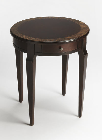 24" Dark Brown Wood And Wood Round End Table With Drawer