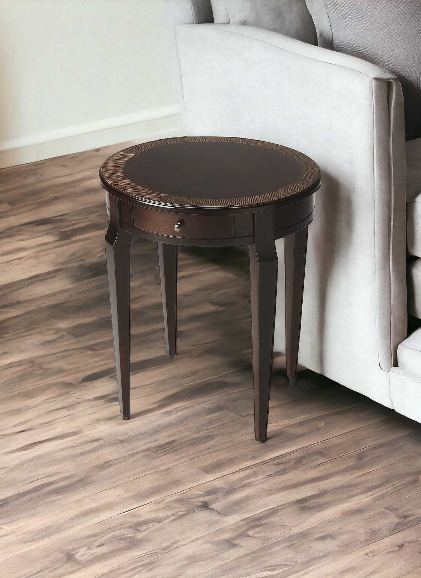 24" Dark Brown Wood And Wood Round End Table With Drawer